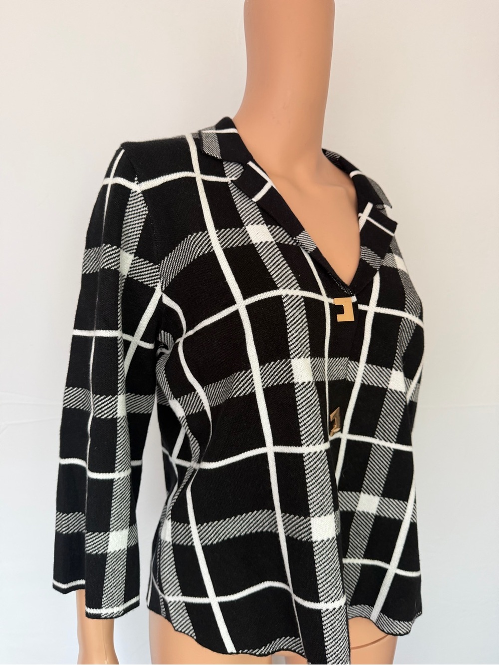 Madison Black & White Windowpane Knit Jacket with Gold Accent